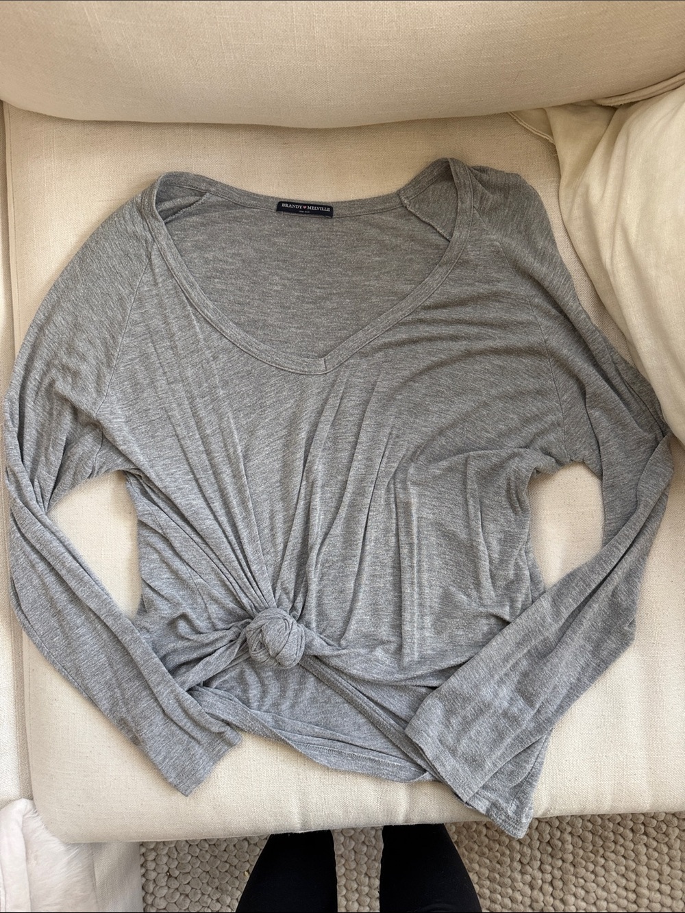 Brandy Melville Light Gray V-Neck Long Sleeve Tie-Front Top